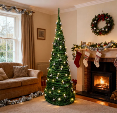 B&Q -  6Ft Prelit Pop Up Christmas Tree With Silver Baubles And Battery Operated Led Warm White Lights