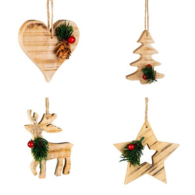 Shatchi 8Pcs Wooden Craft Assorted Shapes - Heart,Tree,Star,Reindeer - Christmas Tree Hanging Decorations