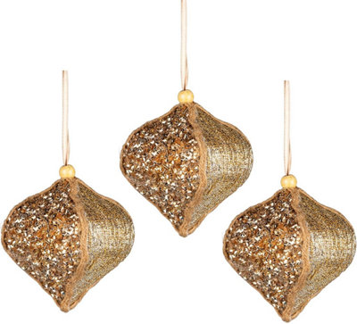 Shatchi 3Pcs Sequin Bauble 10.5Cm - Christmas Tree Hanging Decorations Festive Fairy Tale Themed Gold