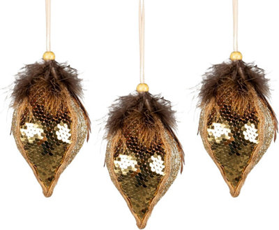 Shatchi 3Pcs Sequin Teardrop Bauble 14Cm - Christmas Tree Hanging Decoration Fairy Tale Themed Gold