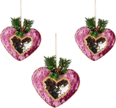 Shatchi Pink/Burgundy Pink Burgundy Heart - Christmas Tree Hanging Decorations Ornaments Fairy Tale Themed,3Pcs 16.5Cm