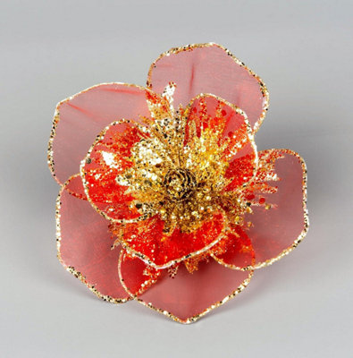 Shatchi 6Pcs -15Cm Deluxe Christmas Glitter Poinsettia Red Gold Net Artificial Flowers With Metal Clips Christmas Tree Decorations from B&Q