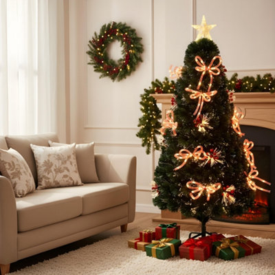 Shatchi 5Ft/150Cm Fibre Optic Christmas Star Topper-Ribbon Bows Decorations- Pre-Lit Artificial Christmas Tree Green