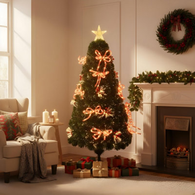 Shatchi 6Ft/180Cm Fibre Optic Christmas Star Topper-Ribbon Bows Decorations-Green Pre-Lit Artificial Christmas Tree from B&Q