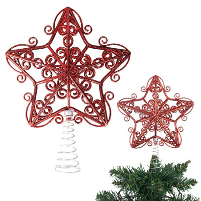 Shatchi Christmas Glitter Star Tree Topper - Sparkling Star Decoration For Xmas Tree - Elegant Christmas Home Décor Red