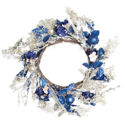 B&Q -  Baubles Wreath 58Cm Gold Blue Pe Material Wreath For Front Door & Home