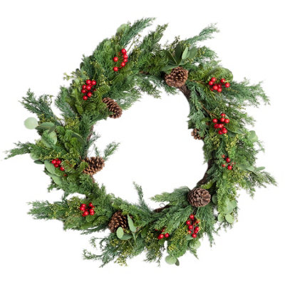 Shatchi 90Cm Cedar Christmas Wreath Artificial Greenery Red Berry & Pinecone For Door from B&Q