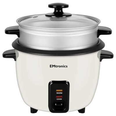 Emtronics 1 Litre Rice Cooker, Non-Stick Pot & Vegetable Steamer Tray - Cream