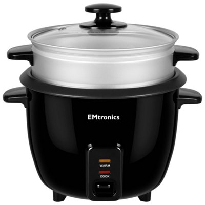 Emtronics 1.5 Litre Rice Cooker, Non-Stick Pot & Vegetable Steamer Tray - Black