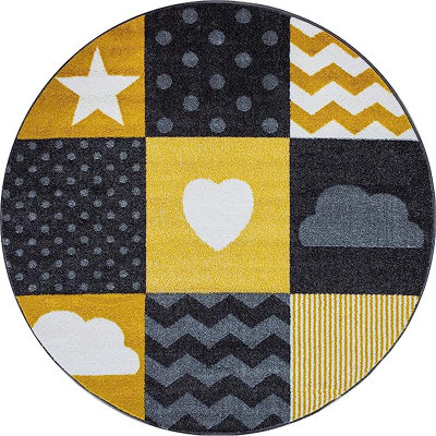 Bravich Yellow And Grey Checked Circle RugKids120Cm from B&Q