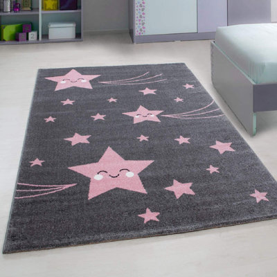 Bravich Pink And Grey Stars RugKids160X230Cm from B&Q