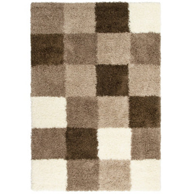 Bravich Cream & Brown Checked Thick Shaggy RugCalifornia200X290Cm (6'8"x9'7") from B&Q