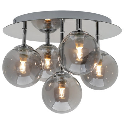Long Life Lamps Company Round Chrome Ceiling Light 5 Smoked Grey Glass Globe Shades Flush Mount H3106 from B&Q