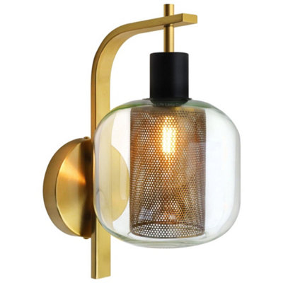 Long Life Lamps Company Industrial Antique Brass Single Wall Light Sconce Clear Glass Lamp Shade H3126 from B&Q
