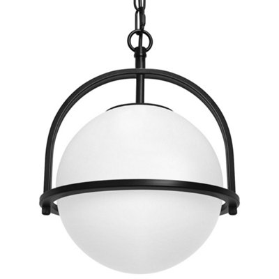 Long Life Lamps Company Industrial Nautical Ceiling Pendant Light Opal Globe Glass Black Chain Suspended K426 from B&Q