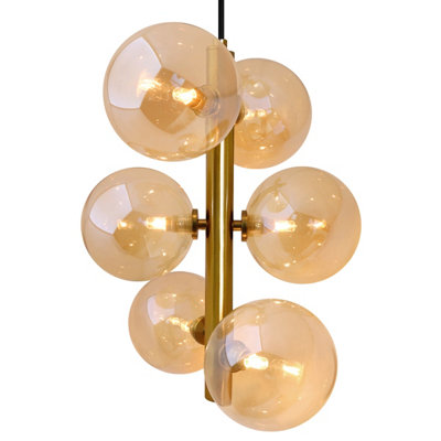 Long Life Lamps Company 6 Cluster Amber Glass Globe Lamp Shades Brass Ceiling Pendant Light K443 from B&Q
