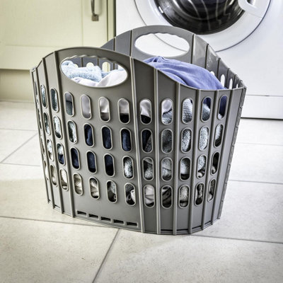 Grey Folding Laundry BasketSpace Saving Foldable Pop-Up Washing Clothes Bin With Carry Handles & Hinged Base38L Capacity from B&Q