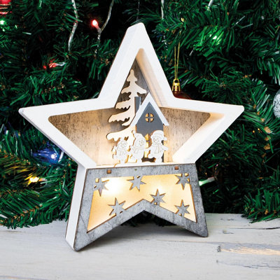 Battery Powered Wooden Light Up Christmas Star Festive Scene OrnamentSnowman Carving Xmas Led DecorationH19 X W19 X D3.5Cm from B&Q