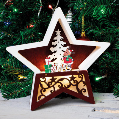 Wooden Light Up Christmas Star Festive Scene OrnamentReindeer & Tree Carving Home Xmas Led DecorationH19 X W19 X D3.5Cm from B&Q