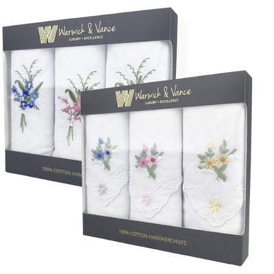 Warwick & Vance 100% Cotton Assorted White Floral Handkerchiefs 3 Pack from B&Q
