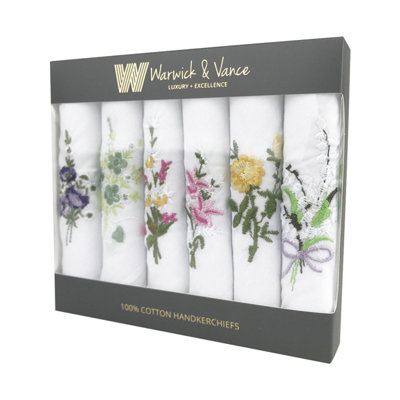 Warwick & Vance Women's 100% Cotton White Floral Embroidered Handkerchiefs 6 Pack from B&Q