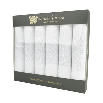Warwick & Vance Women's 100% Cotton All White Floral Embroidered Handkerchiefs from B&Q