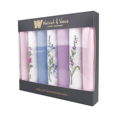 Warwick & Vance 100% Cotton Floral Embroidered Handkerchiefs 7 Pack from B&Q