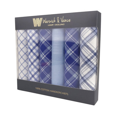 Warwick & Vance Blue Check Men's Cotton Handkerchiefs 6 Pack from B&Q