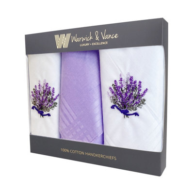 Warwick & Vance Lavender Embroidered Cotton Handkerchiefs 3 Pack from B&Q