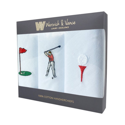 Warwick & Vance Golf Themed Embroidery 3 Pack Men's Handkerchiefs 100% Cotton from B&Q