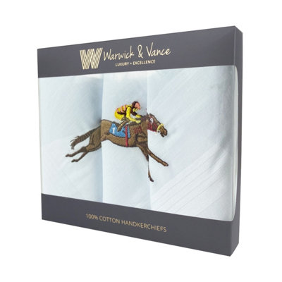 Warwick & Vance Horse Racing Themed Embroidery 3 Pack Men's Handkerchiefs from B&Q