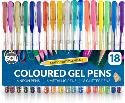 Sol 18Pk Gel Pens For Kids - 3 Sets Coloured Gel Pens For Writing Includes Neon Pens, Metallic & Glitter Pens - Metallic Gel Pens