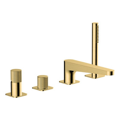 B&Q -  Amalfi 4-Hole Deck-Mounted Bath Shower Mixer Tap With Pull-Out Shower HandsetBrushed Gold Finish