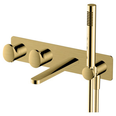 RAK Ceramics Rak Portofino Brushed Gold Wall-Mounted Dual Outlet Thermostatic Bath Shower Mixer Tap from B&Q
