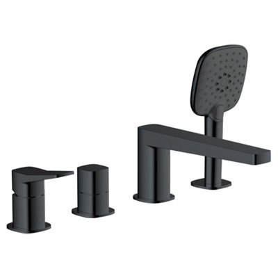RAK Ceramics Rak Petit Square 4-Hole Deck-Mounted Bath Shower Mixer Tap In Matt Black Solid Brass With Handset from B&Q