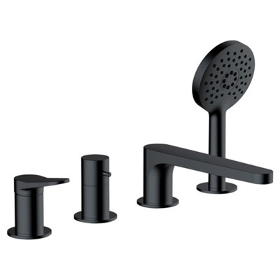 Rak Ceramics Black Rak Petit 4-Hole Matt Deck-Mounted Bath Shower Mixer Tap With Handset - Solid Brass