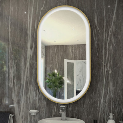 B&Q -  Rak Art Oval 550X1000mm Brushed Gold Led Bathroom Mirror With Touch Sensor & Demister