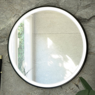 B&Q -  Rak Art Round 800mm Matt Black Illuminated Led Bathroom Mirror With Touch Sensor & Demister PadIp44 Rated
