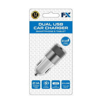  - Fx Powabud Car Charger 2.1A Twin Usb Socket Universal ChargerSilver