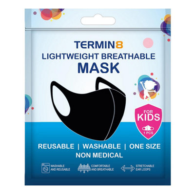 B&Q Termin8 Lightweight Breathable Reusable Face Mask For Kids, Machine Washable - Black