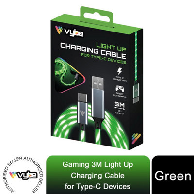 B&Q Vybe 3M Light Up Type-C Charging Cable Green - Extra Long High Visibility Usb-C Lead For Dark Work Vans