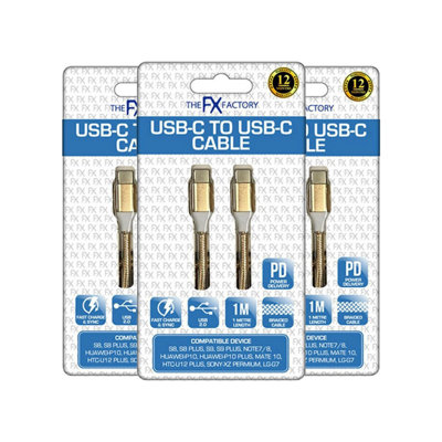 B&Q -  3X Fx Braided 1M Usb-C To Usb-C Data Cable GoldHeavy Duty Fast Charge Type-C Lead For Work Van & Job Site Phone