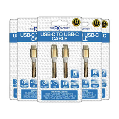 B&Q -  5X Fx Braided 1M Usb-C To Usb-C Data Cable GoldHeavy Duty Fast Charge Type-C Lead Bulk Trade Pack For Site Crew