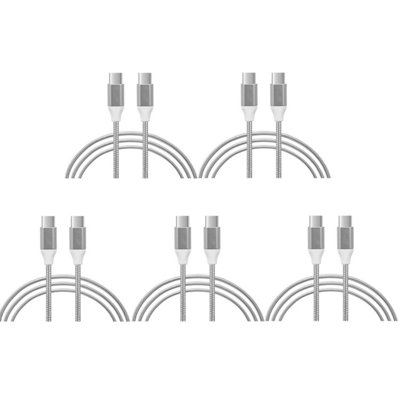 B&Q -  5X Fx Braided 1M Usb-C To Usb-C Data Cable SilverHeavy Duty Fast Charge Type-C Lead Bulk Trade Pack For Site Crew