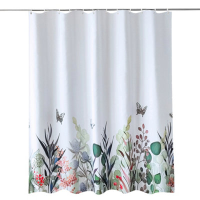 Neel Blue Wildflower Shower Curtain Polyester Mould & Mildew Resistant With 12 Curtain Hook 180Cm X 180Cm from B&Q