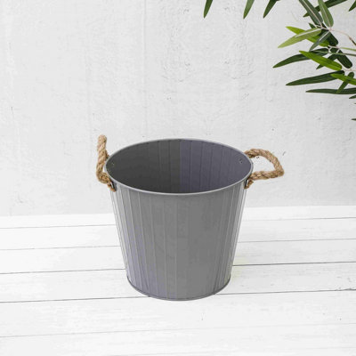  - Annibells Grey Gloss Ribbed Metal Bucket Planters (4384)Small