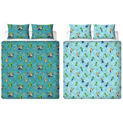 B&Q -  Minecraft Double Duvet Kids Reversible Bedding Set Creepers Teal Quilt Cover