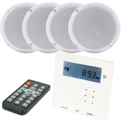 Loops Wall Mounted Micro Bluetooth Amplifier & 4 Ceiling Speaker Kit Stereo Hifi Music White/Light
