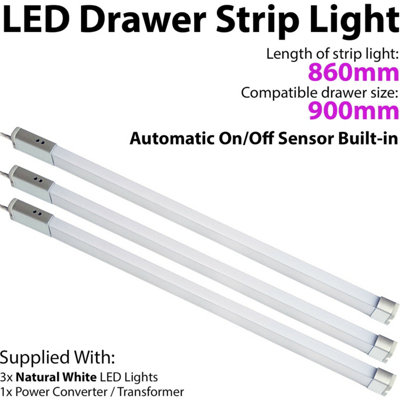  - 3 Pack 900mm Led Drawer Strip Lights With Pir Motion Sensor For Kitchen Cupboards