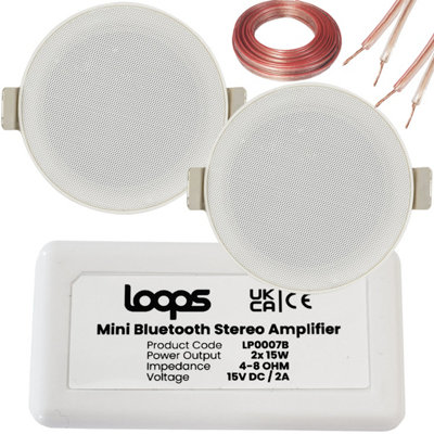 Loops Bluetooth Ceiling Music Kit Mini Amp & 2 Low Profile Speakers Stereo Hifi Sound